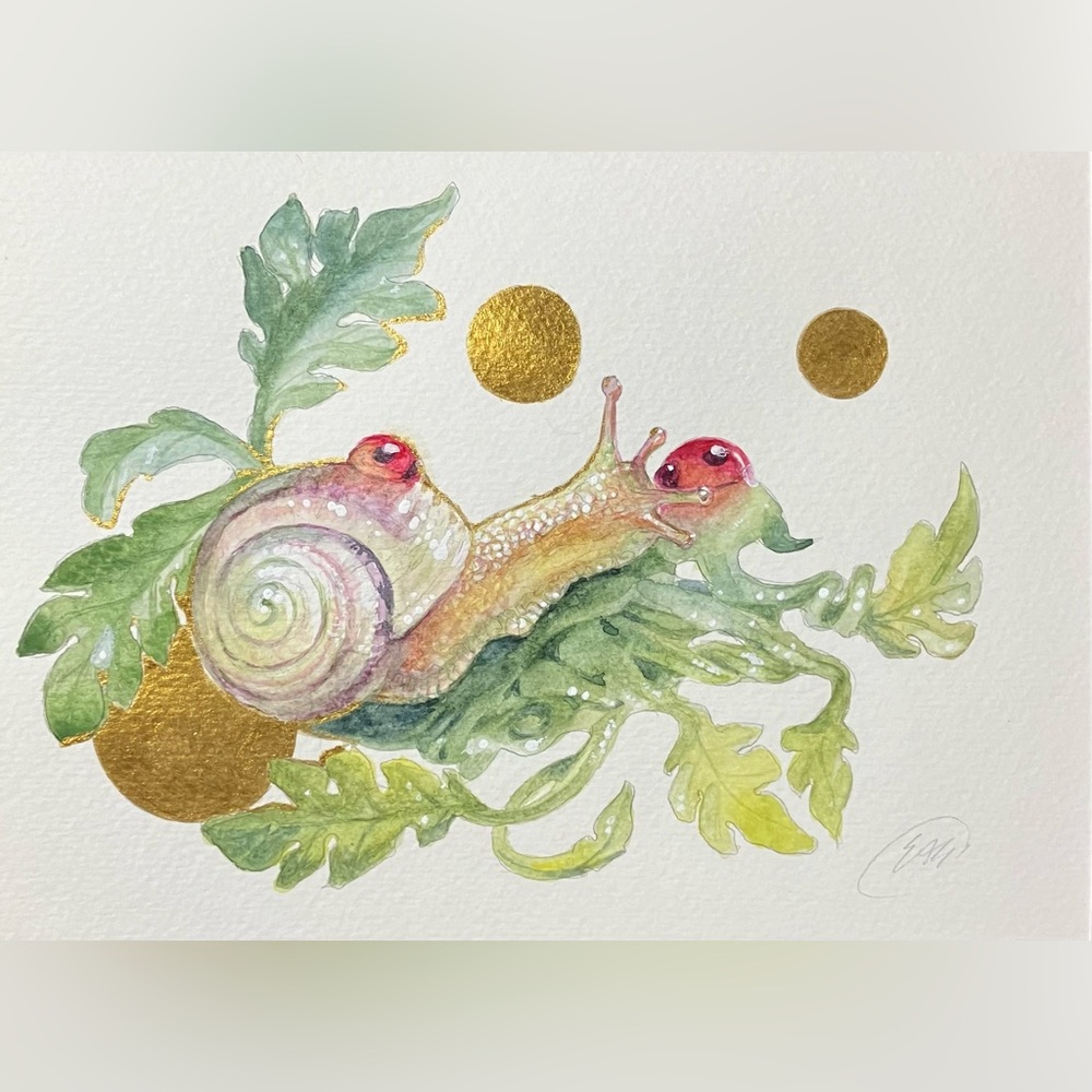 Original painting Snail Watercolor Art Gold Accents Botanical ladybugs ArtEttina